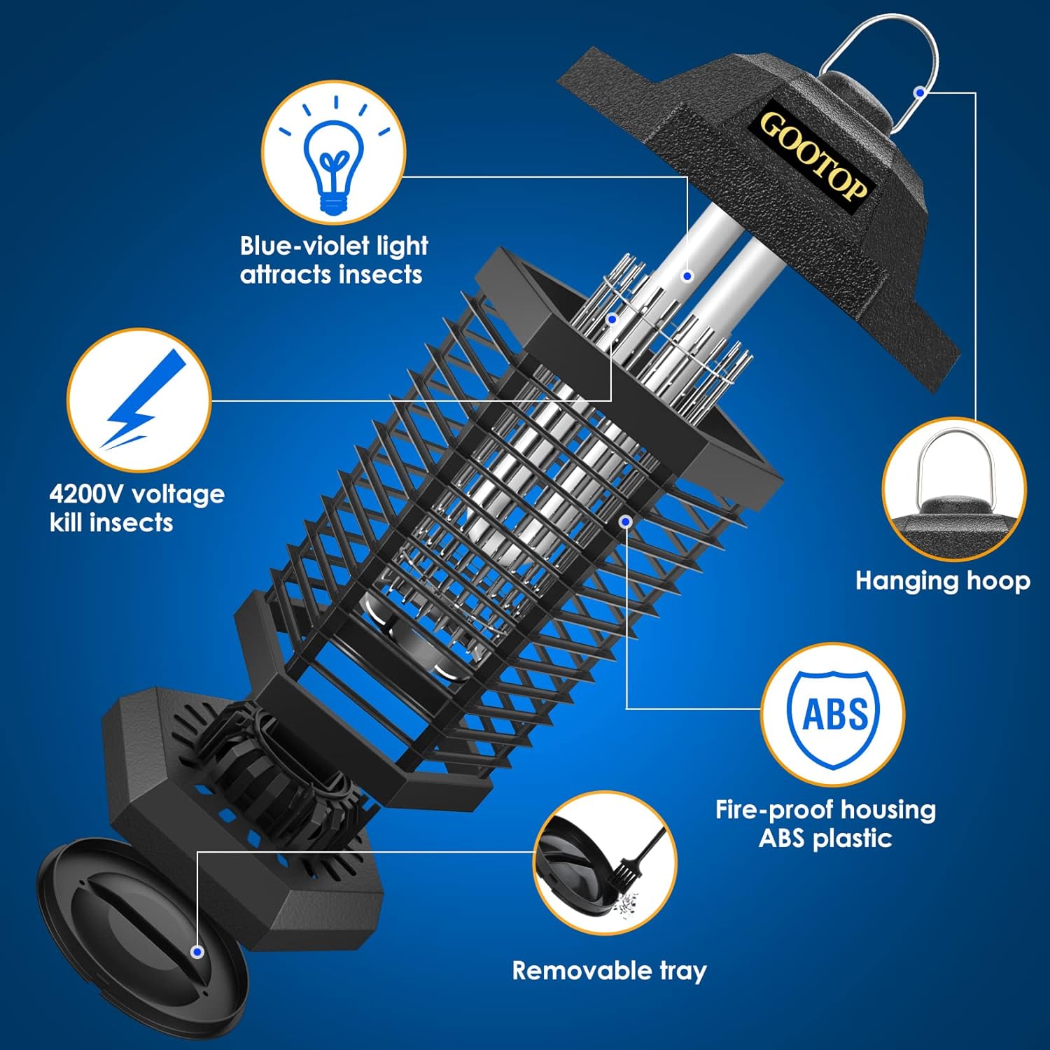 GOOTOP Bug Zapper Outdoor Electric, Mosquito Zapper, Fly Traps, Fly Zapper, Mosquito Killer, 3 Prong Plug, 90-130V, ABS Plastic Outer (Black) GOOTOP Bug Zapper Outdoor Electric, Mosquito Zapper, Fly Traps, Fly Zapper, Mosquito Killer, 3 Prong Plug, 90-130V, ABS Plastic Outer (Black)