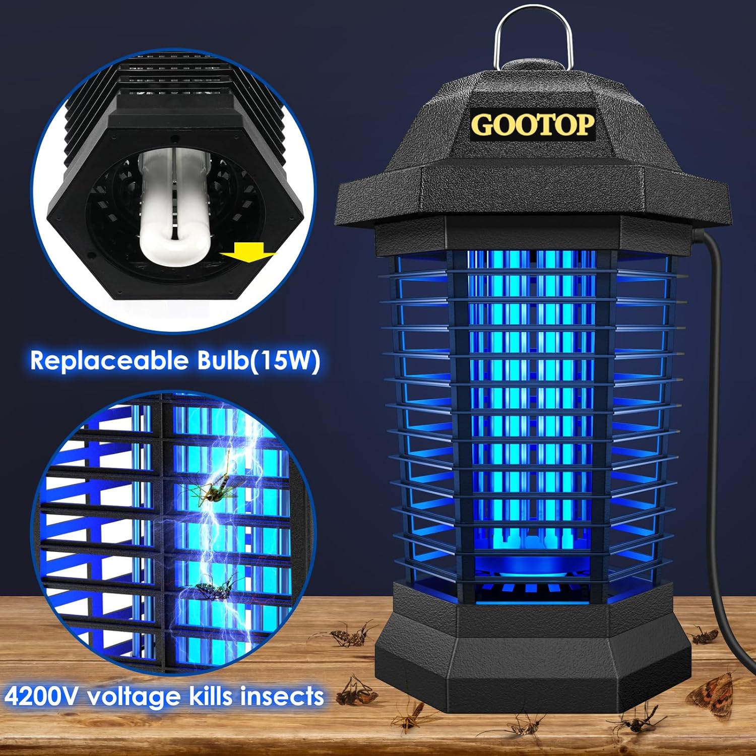 GOOTOP Bug Zapper Outdoor Electric, Mosquito Zapper, Fly Traps, Fly Zapper, Mosquito Killer, 3 Prong Plug, 90-130V, ABS Plastic Outer (Black) GOOTOP Bug Zapper Outdoor Electric, Mosquito Zapper, Fly Traps, Fly Zapper, Mosquito Killer, 3 Prong Plug, 90-130V, ABS Plastic Outer (Black)