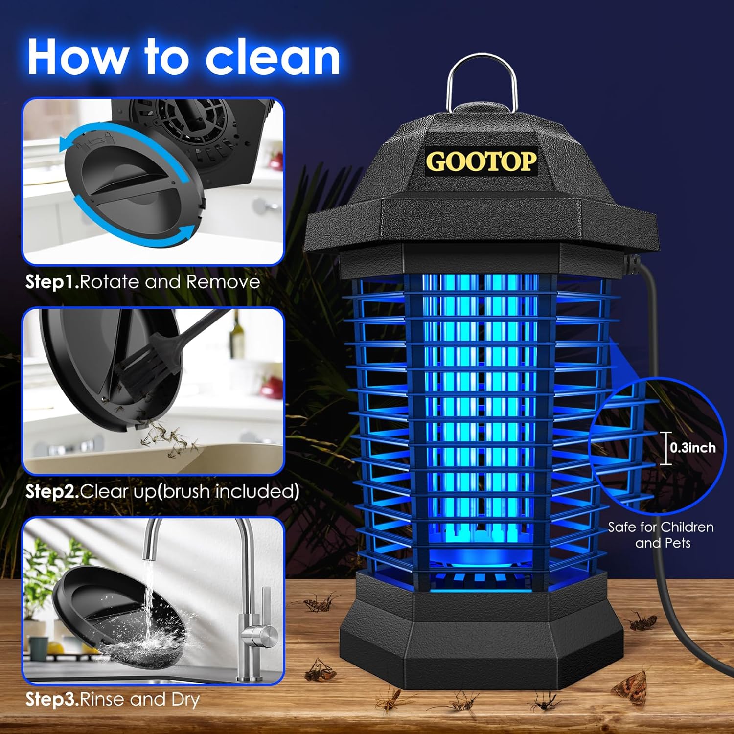 GOOTOP Bug Zapper Outdoor Electric, Mosquito Zapper, Fly Traps, Fly Zapper, Mosquito Killer, 3 Prong Plug, 90-130V, ABS Plastic Outer (Black) GOOTOP Bug Zapper Outdoor Electric, Mosquito Zapper, Fly Traps, Fly Zapper, Mosquito Killer, 3 Prong Plug, 90-130V, ABS Plastic Outer (Black)