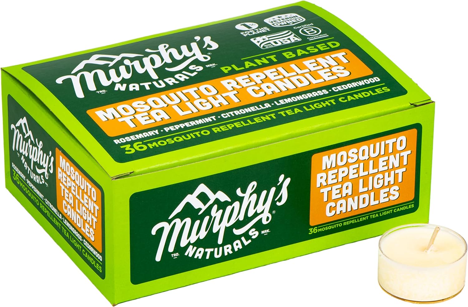 Murphys Naturals Mosquito Repellent Tea Light Candles | DEET Free | Made with Essential Oils and a Soy/Beeswax Blend | 4 Hour Burn Time Per Candle | 36 Candles Per Box Murphys Naturals Mosquito Repellent Tea Light Candles | DEET Free | Made with Essential Oils and a Soy/Beeswax Blend | 4 Hour Burn Time Per Candle | 36 Candles Per Box